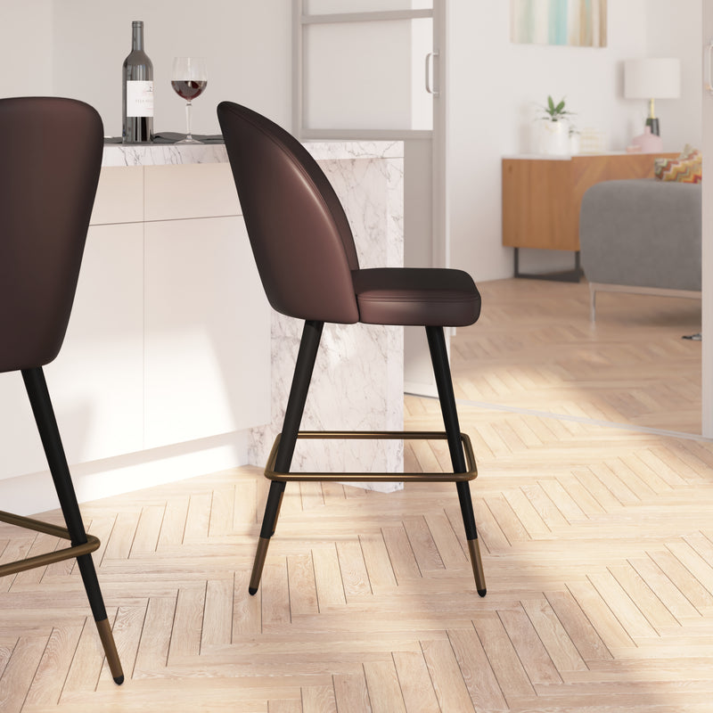 Teague Set of 2 Modern Armless Counter Stools with Contoured Backs, Steel Frames, and Integrated Footrests in Brown Faux Leather
