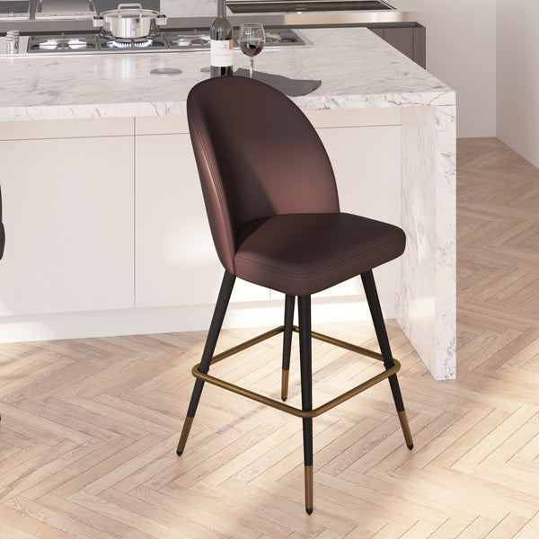 Teague Set of 2 Modern Armless Counter Stools with Contoured Backs, Steel Frames, and Integrated Footrests in Brown Faux Leather