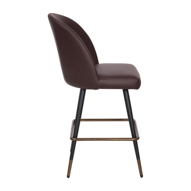 Teague Set of 2 Modern Armless Counter Stools with Contoured Backs, Steel Frames, and Integrated Footrests in Brown Faux Leather