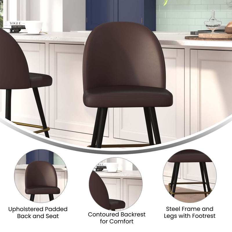 Teague Set of 2 Modern Armless Counter Stools with Contoured Backs, Steel Frames, and Integrated Footrests in Brown Faux Leather