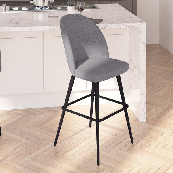 Teague Set of 2 Modern Armless Barstools with Contoured Backs, Steel Frames, and Integrated Footrests in Gray Faux Linen