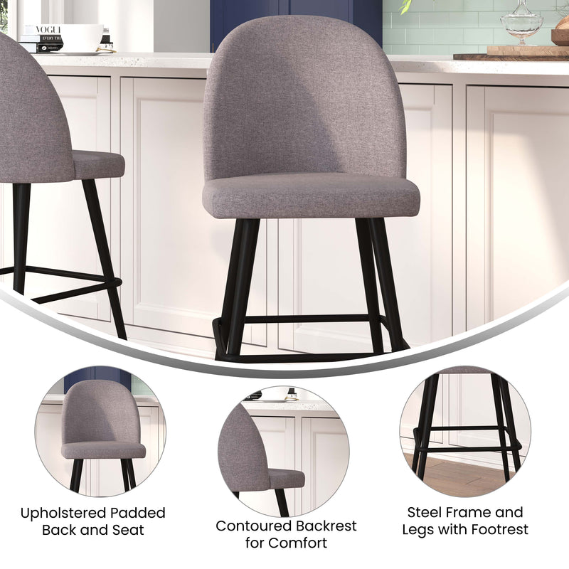 Teague Set of 2 Modern Armless Barstools with Contoured Backs, Steel Frames, and Integrated Footrests in Gray Faux Linen