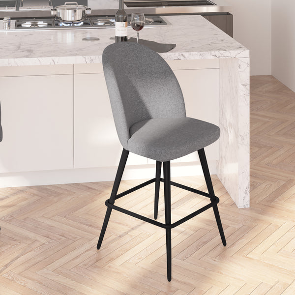 Teague Set of 2 Modern Armless Counter Stools with Contoured Backs, Steel Frames, and Integrated Footrests in Gray Faux Linen