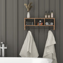 Enid Wall Mount 24 Inch Solid Pine Wood Storage Rack with Upper Shelf, Hooks, and Wire Baskets for Living Room, Kitchen, or Entryway in Rustic Brown