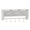 Enid Wall Mount 24 Inch Solid Pine Wood Storage Rack with Upper Shelf, Hooks, and Wire Baskets for Living Room, Kitchen, or Entryway in Whitwashed