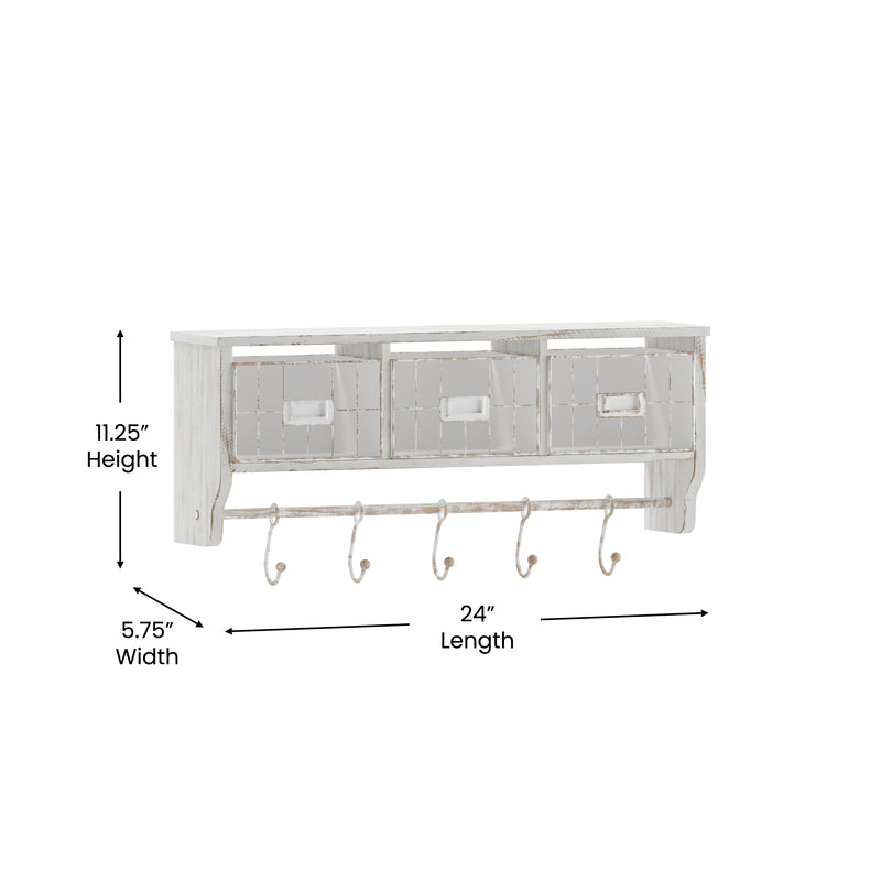 Enid Wall Mount 24 Inch Solid Pine Wood Storage Rack with Upper Shelf, Hooks, and Wire Baskets for Living Room, Kitchen, or Entryway in Whitwashed