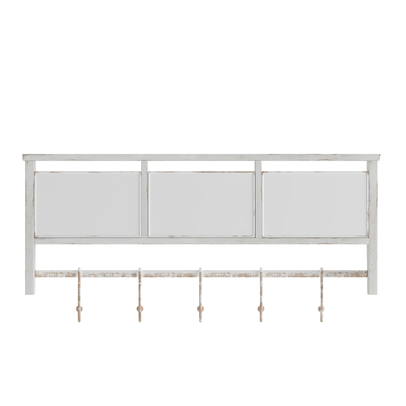 Enid Wall Mount 24 Inch Solid Pine Wood Storage Rack with Upper Shelf, Hooks, and Wire Baskets for Living Room, Kitchen, or Entryway in Whitwashed