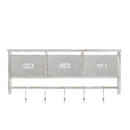 Enid Wall Mount 24 Inch Solid Pine Wood Storage Rack with Upper Shelf, Hooks, and Wire Baskets for Living Room, Kitchen, or Entryway in Whitwashed