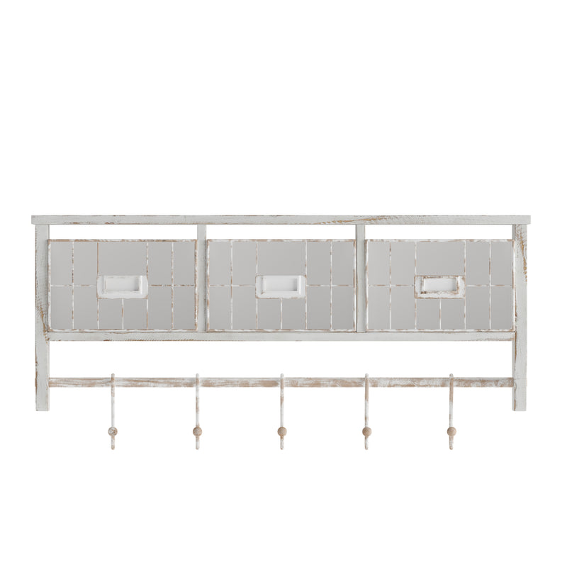Enid Wall Mount 24 Inch Solid Pine Wood Storage Rack with Upper Shelf, Hooks, and Wire Baskets for Living Room, Kitchen, or Entryway in Whitwashed