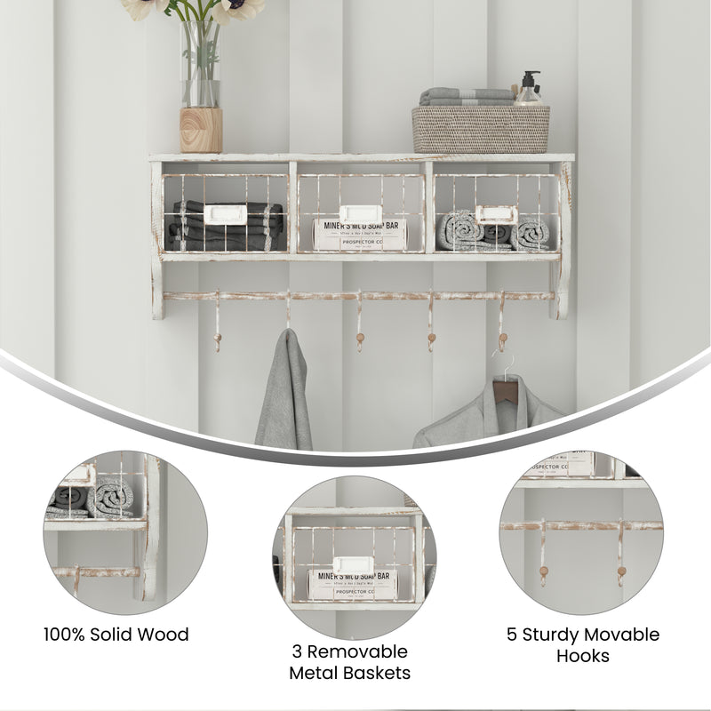 Enid Wall Mount 24 Inch Solid Pine Wood Storage Rack with Upper Shelf, Hooks, and Wire Baskets for Living Room, Kitchen, or Entryway in Whitwashed