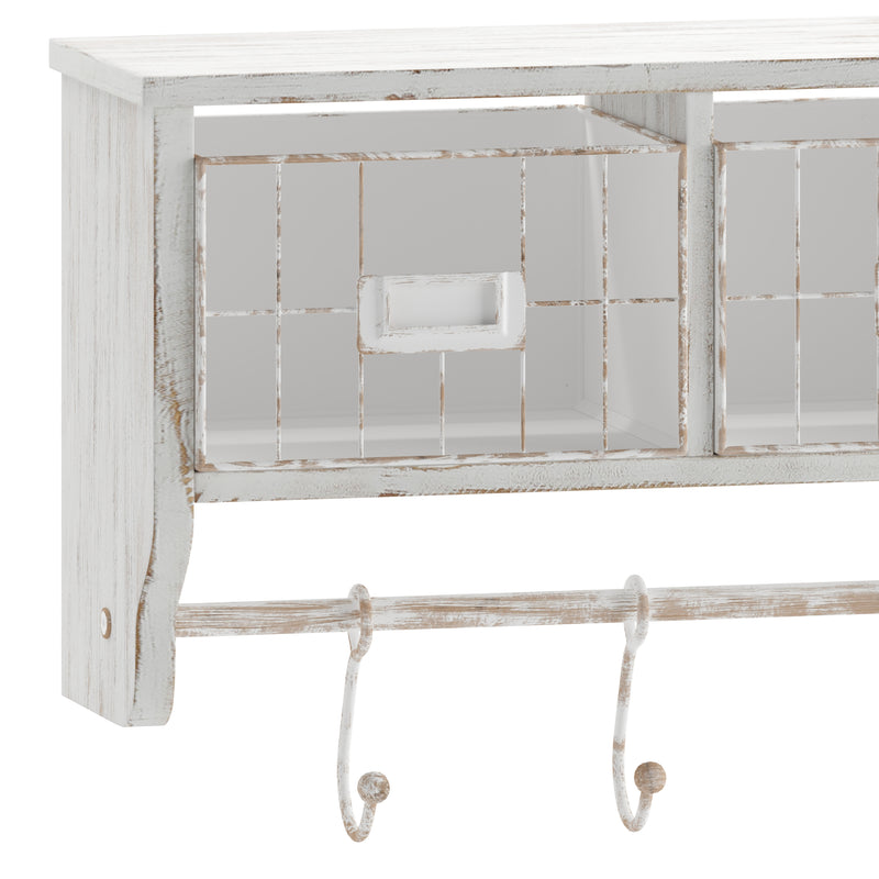 Enid Wall Mount 24 Inch Solid Pine Wood Storage Rack with Upper Shelf, Hooks, and Wire Baskets for Living Room, Kitchen, or Entryway in Whitwashed