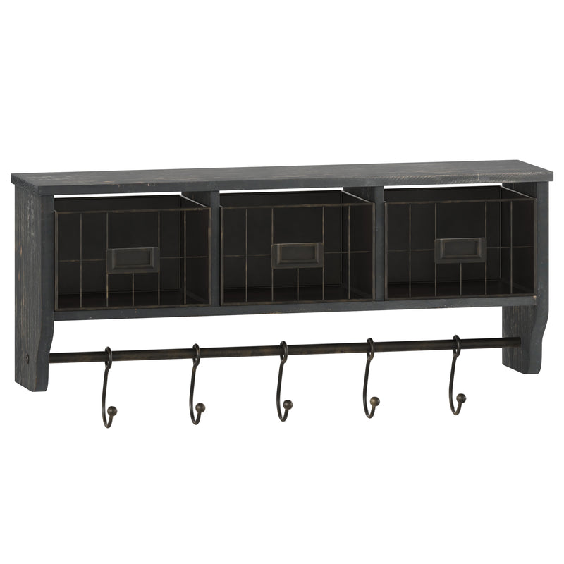 Enid Wall Mount 24 Inch Solid Pine Wood Storage Rack with Upper Shelf, Hooks, and Wire Baskets for Living Room, Kitchen, or Entryway in Blackwashed