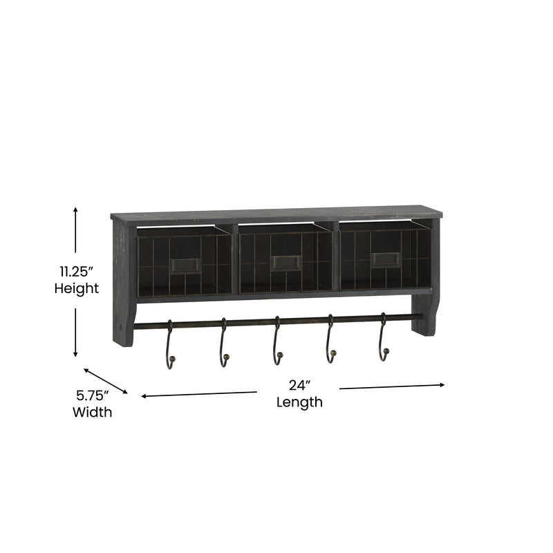 Enid Wall Mount 24 Inch Solid Pine Wood Storage Rack with Upper Shelf, Hooks, and Wire Baskets for Living Room, Kitchen, or Entryway in Blackwashed