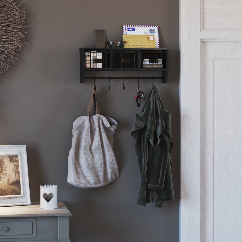 Enid Wall Mount 24 Inch Solid Pine Wood Storage Rack with Upper Shelf, Hooks, and Wire Baskets for Living Room, Kitchen, or Entryway in Blackwashed