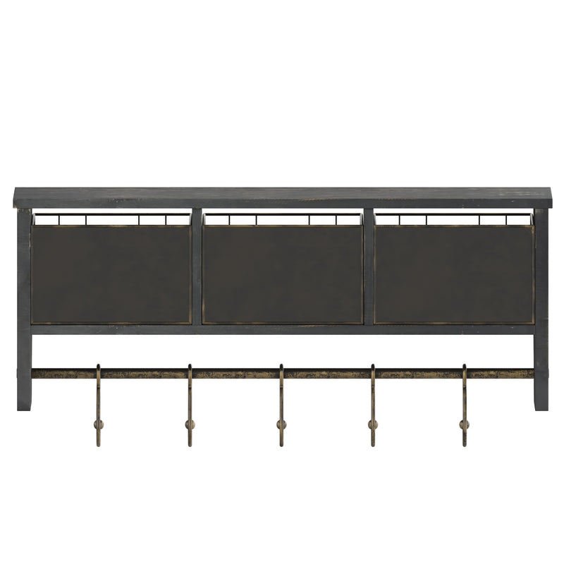 Enid Wall Mount 24 Inch Solid Pine Wood Storage Rack with Upper Shelf, Hooks, and Wire Baskets for Living Room, Kitchen, or Entryway in Blackwashed