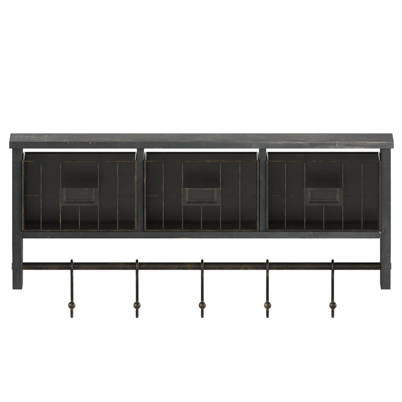 Enid Wall Mount 24 Inch Solid Pine Wood Storage Rack with Upper Shelf, Hooks, and Wire Baskets for Living Room, Kitchen, or Entryway in Blackwashed