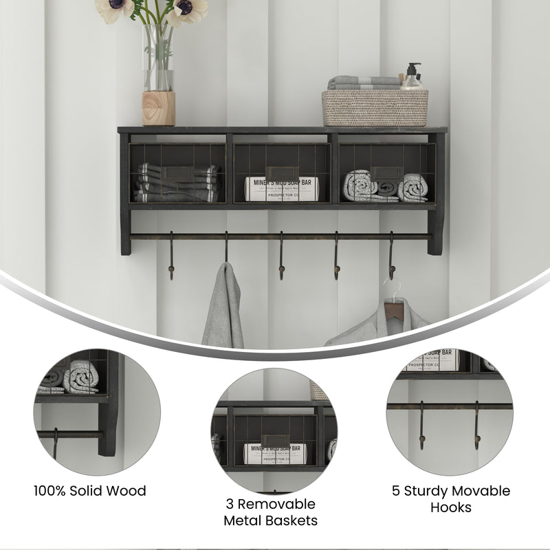 Enid Wall Mount 24 Inch Solid Pine Wood Storage Rack with Upper Shelf, Hooks, and Wire Baskets for Living Room, Kitchen, or Entryway in Blackwashed