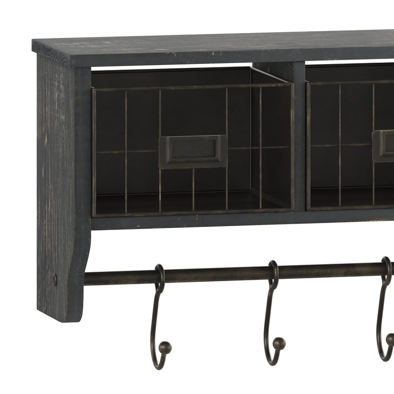 Enid Wall Mount 24 Inch Solid Pine Wood Storage Rack with Upper Shelf, Hooks, and Wire Baskets for Living Room, Kitchen, or Entryway in Blackwashed