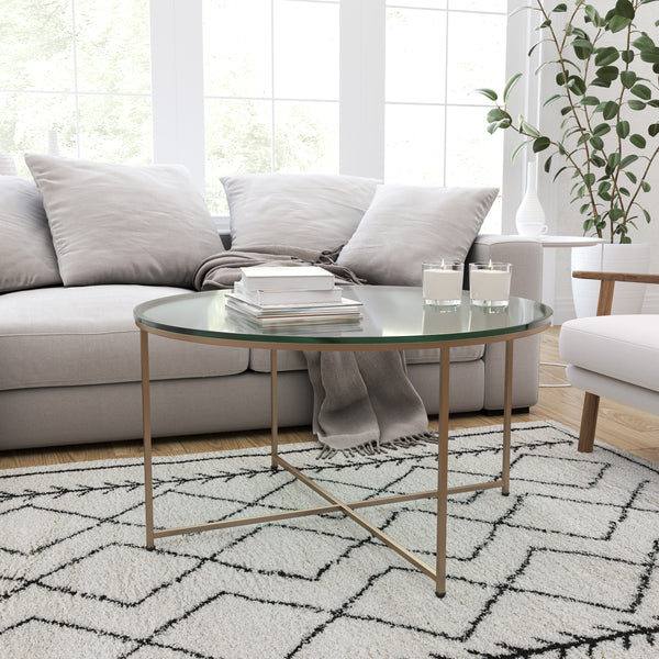 Fairdale Glass Coffee Table with Round Brushed Gold Cross Brace Frame