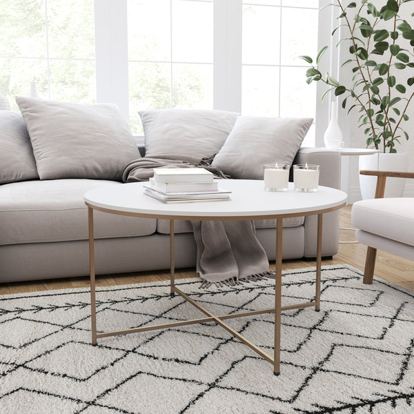 Fairdale White Coffee Table with Round Brushed Gold Cross Brace Frame