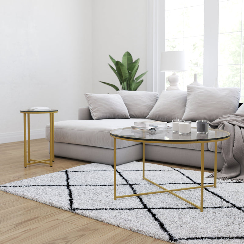 Fairdale Round Coffee Table Set - 3 Piece Clear Coffee Table Set with Matte Crisscross Frame - Coffee Table & 2 End Tables