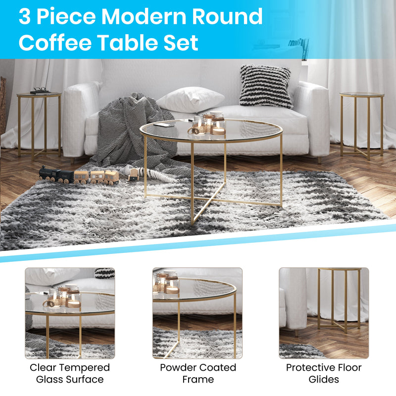 Fairdale Round Coffee Table Set - 3 Piece Clear Coffee Table Set with Matte Crisscross Frame - Coffee Table & 2 End Tables