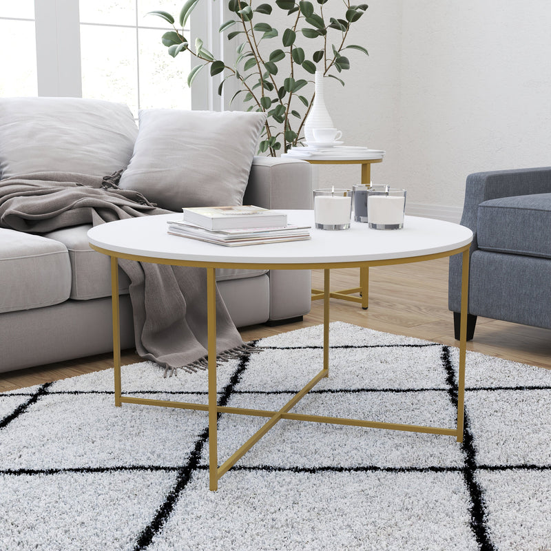 Fairdale Round Coffee Table Set - 3 Piece Clear Coffee Table Set with Matte Crisscross Frame - Coffee Table & 2 End Tables