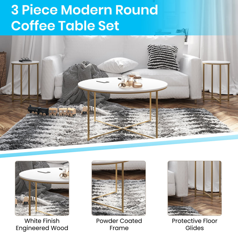 Fairdale Round Coffee Table Set - 3 Piece Clear Coffee Table Set with Matte Crisscross Frame - Coffee Table & 2 End Tables