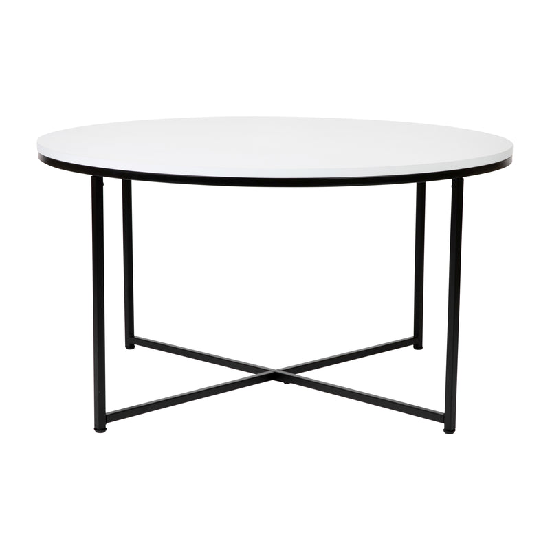 Fairdale White Coffee Table with Round Matte Black Cross Brace Frame