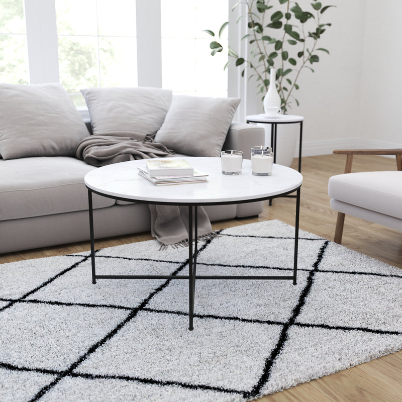 Fairdale White Coffee Table with Round Matte Black Cross Brace Frame