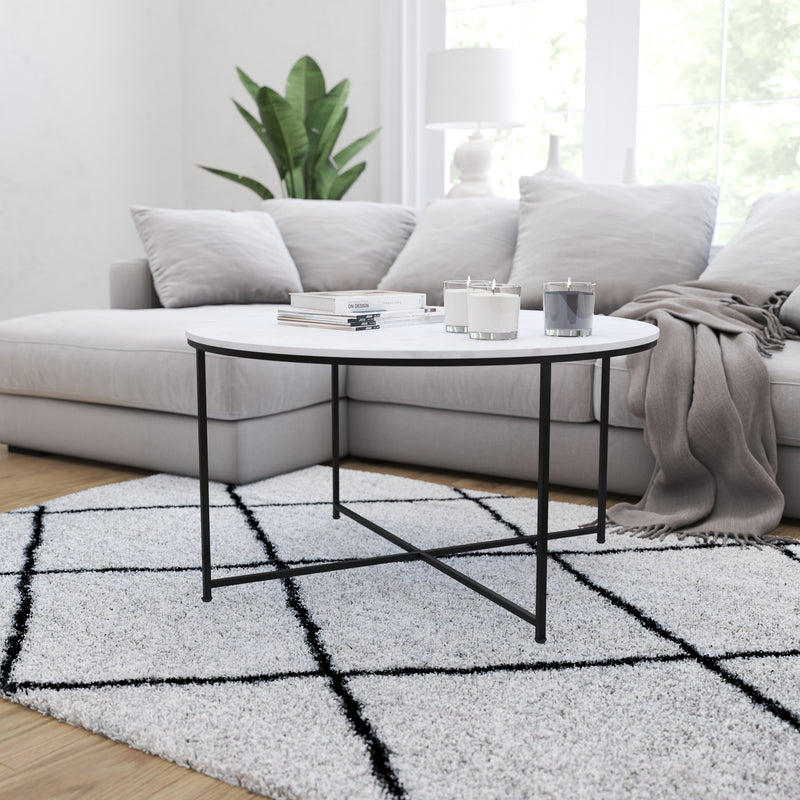 Fairdale White Coffee Table with Round Matte Black Cross Brace Frame