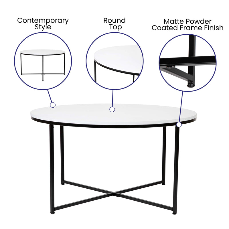 Fairdale White Coffee Table with Round Matte Black Cross Brace Frame
