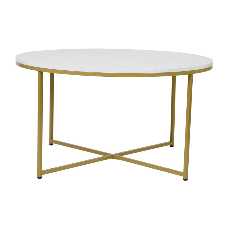Fairdale White Marble Finish Coffee Table with Round Brushed Gold Cross Brace Frame