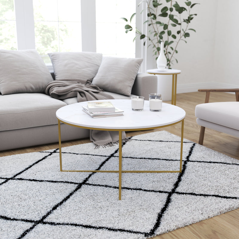 Fairdale White Marble Finish Coffee Table with Round Brushed Gold Cross Brace Frame