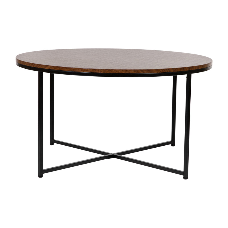 Fairdale Walnut Coffee Table with Round Matte Black Cross Brace Frame