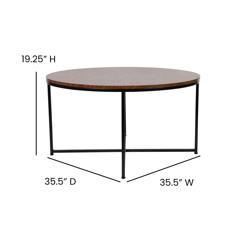 Fairdale Walnut Coffee Table with Round Matte Black Cross Brace Frame