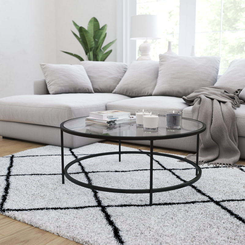 Newbury Glass Coffee Table with Round Matte Frame and Vertical Legs