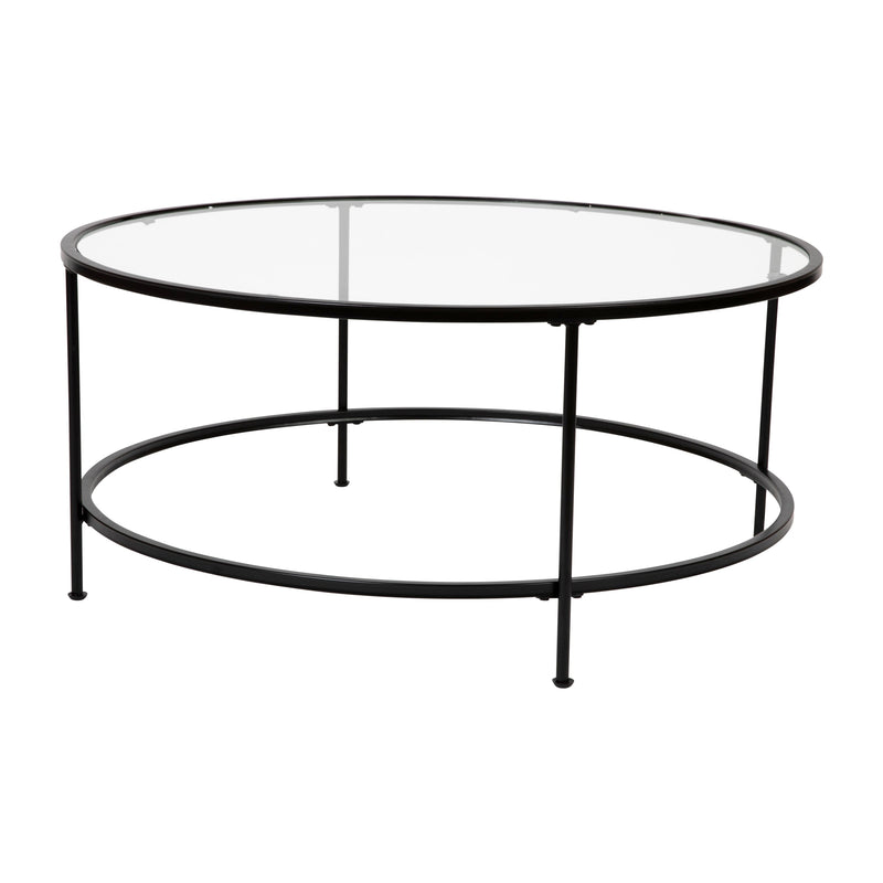 Newbury Glass Coffee Table with Round Matte Frame and Vertical Legs