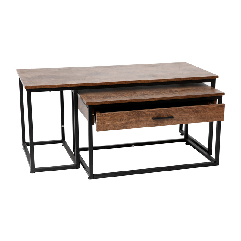 Corsica Coffee Table 2 Piece Walnut Wood Grain Surface Black Metal Frame Nesting Coffee Table With Storage