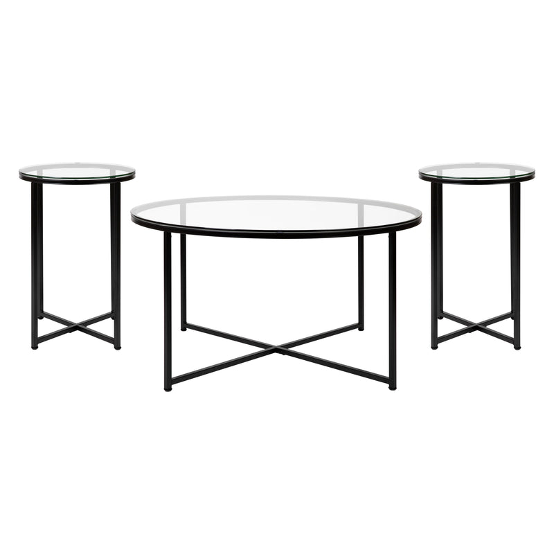 Fairdale Round Coffee Table Set - 3 Piece Walnut Coffee Table Set with Matte Crisscross Frame - Coffee Table & 2 End Tables
