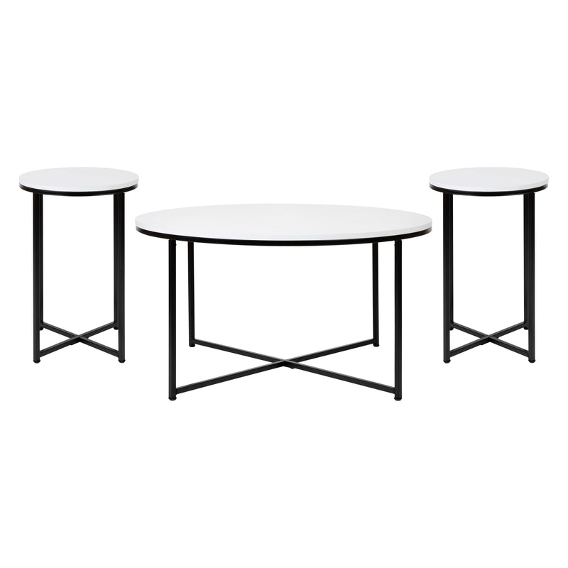 Fairdale Round Coffee Table Set - 3 Piece Walnut Coffee Table Set with Matte Crisscross Frame - Coffee Table & 2 End Tables