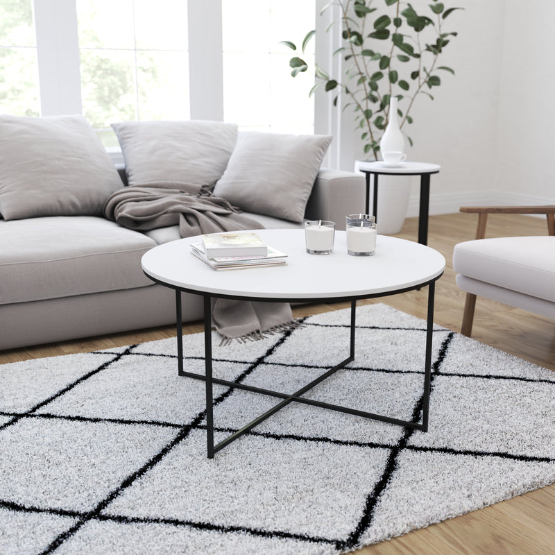 Fairdale Round Coffee Table Set - 3 Piece Walnut Coffee Table Set with Matte Crisscross Frame - Coffee Table & 2 End Tables