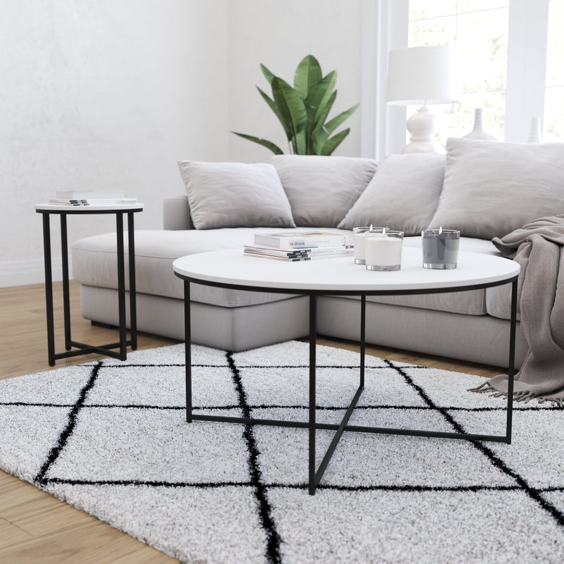 Fairdale Round Coffee Table Set - 3 Piece Walnut Coffee Table Set with Matte Crisscross Frame - Coffee Table & 2 End Tables