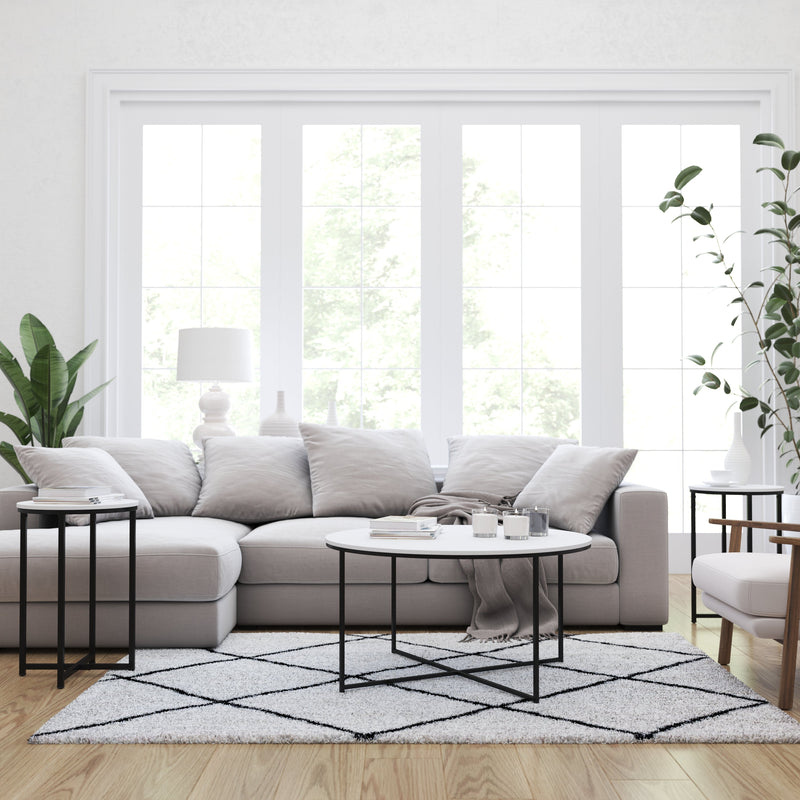 Fairdale Round Coffee Table Set - 3 Piece Walnut Coffee Table Set with Matte Crisscross Frame - Coffee Table & 2 End Tables