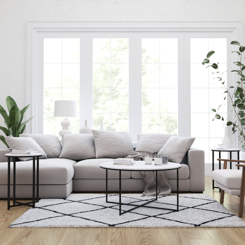 Fairdale Round Coffee Table Set - 3 Piece Walnut Coffee Table Set with Matte Crisscross Frame - Coffee Table & 2 End Tables