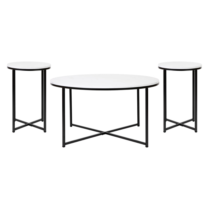Fairdale Round Coffee Table Set - 3 Piece Walnut Coffee Table Set with Matte Crisscross Frame - Coffee Table & 2 End Tables