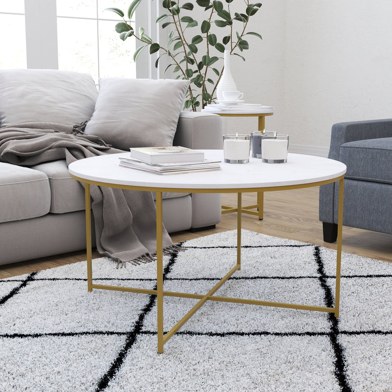 Fairdale Round Coffee Table Set - 3 Piece Walnut Coffee Table Set with Matte Crisscross Frame - Coffee Table & 2 End Tables