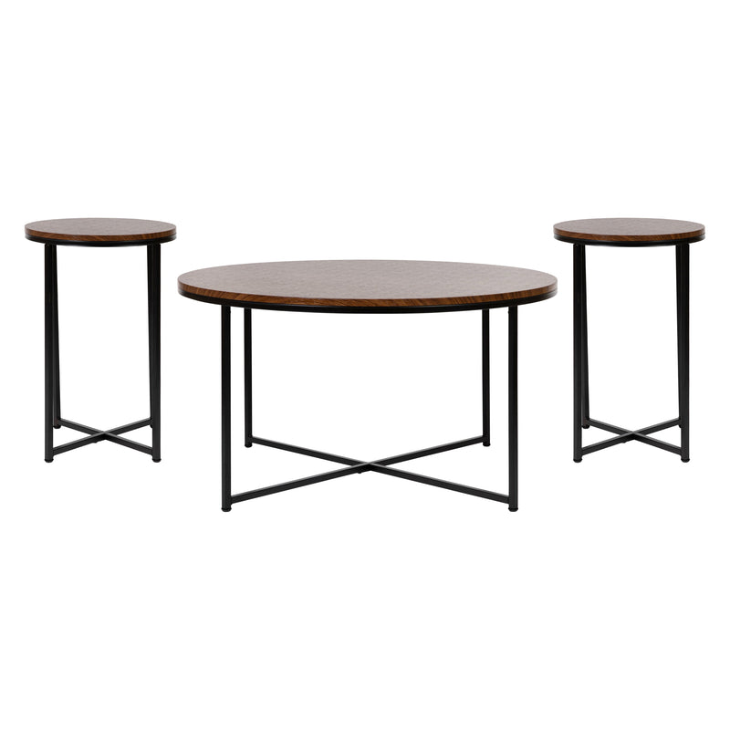 Fairdale Round Coffee Table Set - 3 Piece Walnut Coffee Table Set with Matte Crisscross Frame - Coffee Table & 2 End Tables