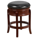 Clara 24" Light Cherry Wood Backless Wooden Counter Stool with Black Faux Leather 360 Degree Swivel Seat