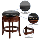 Clara 24" Light Cherry Wood Backless Wooden Counter Stool with Black Faux Leather 360 Degree Swivel Seat